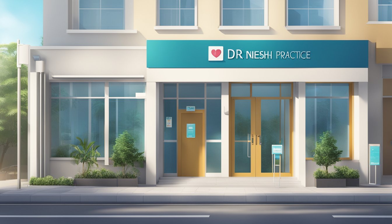 A modern clinic exterior with clear signage, displaying "Dr Dinesh Nair - The Heart Practice | SG Cardiologist". The scene is set during daytime with a bright and welcoming atmosphere