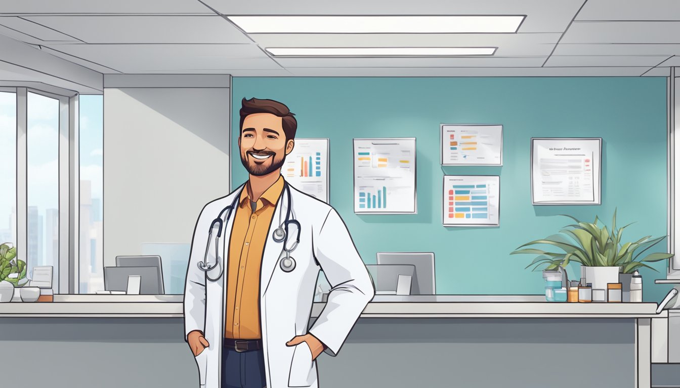 A doctor in a white coat standing in a modern clinic, with a stethoscope around his neck and a friendly smile on his face. A sign on the wall reads "Frequently Asked Questions - The Heart Practice."