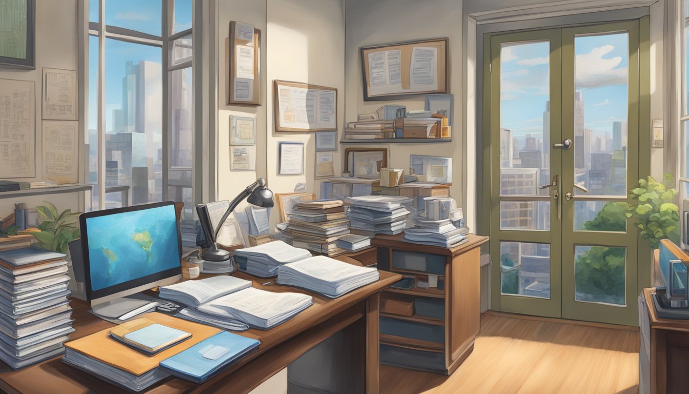 Dr. Ong Hean Yee's office, with a desk cluttered with medical textbooks and a stethoscope hanging on the wall. A window overlooks a bustling city street