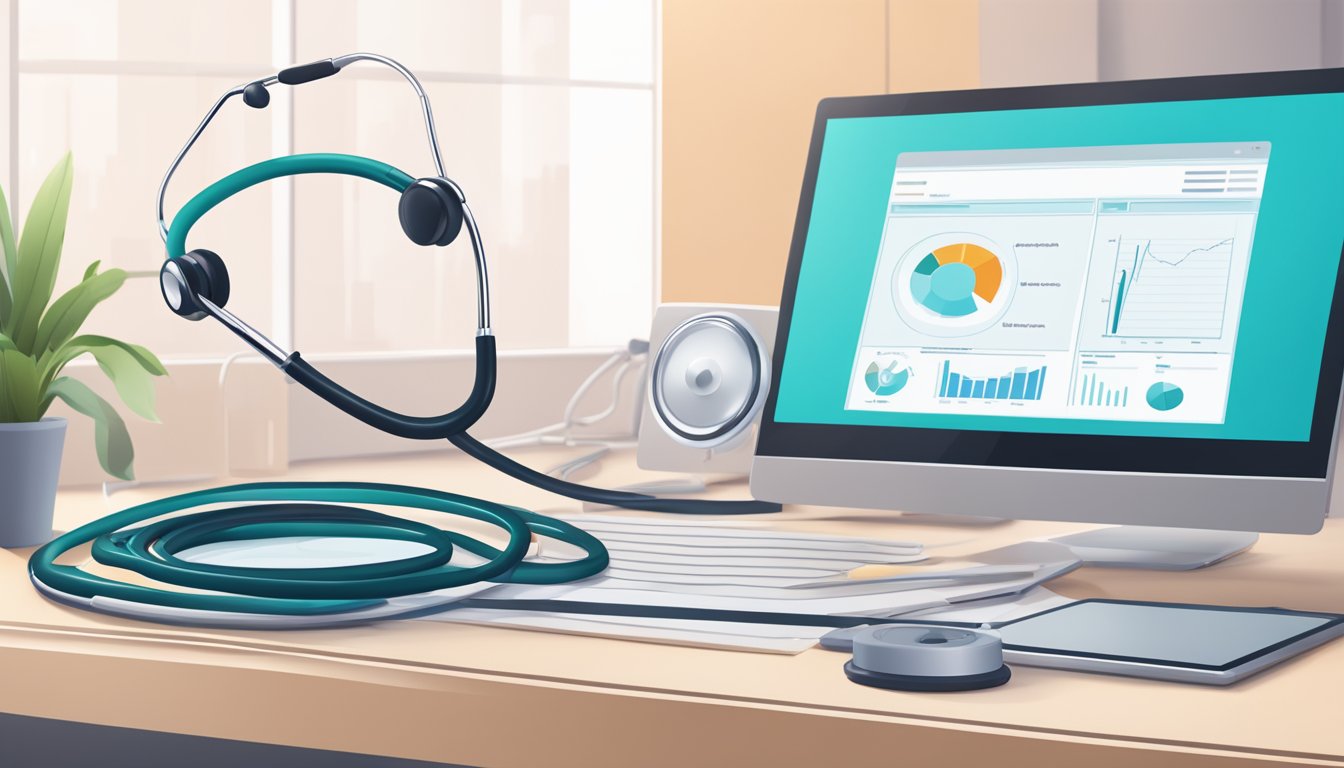 A stethoscope rests on a sleek desk, beside a stack of medical records and a computer screen displaying a heart monitor