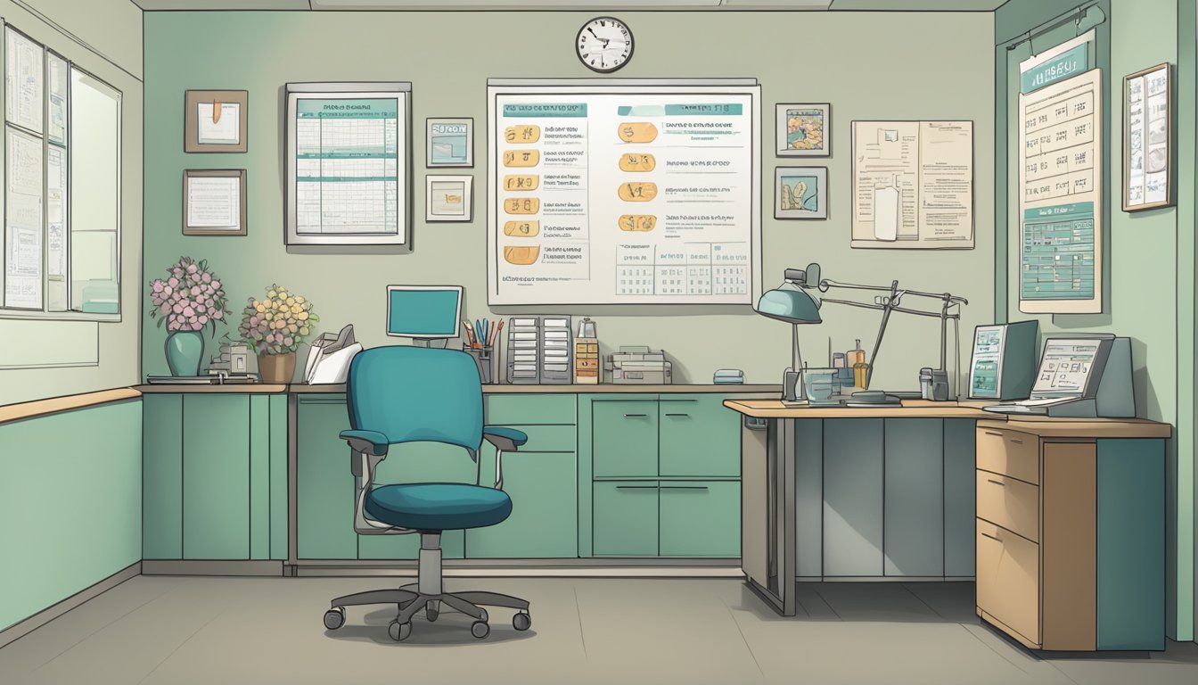 A doctor's office with a sign reading "Dr Ong Hean Yee - The Heart Practice | SG Cardiologist" and a schedule posted showing operating hours