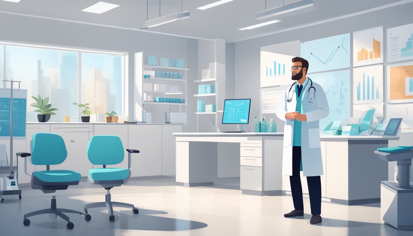 A doctor in a white coat stands in a modern clinic, surrounded by medical equipment and charts. The room is bright and airy, with a calming atmosphere