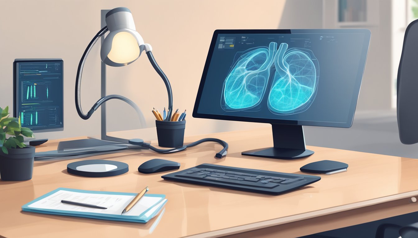 A stethoscope rests on a sleek desk next to a computer displaying heart scans. A diploma from a prestigious medical school hangs on the wall