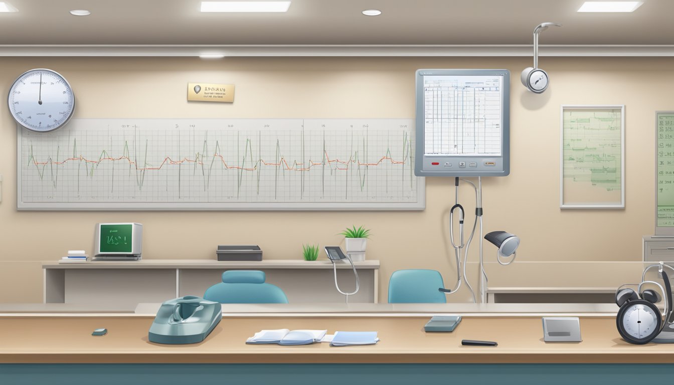 A stethoscope, heart-shaped ECG monitor, and cardiologist's name in English and Chinese on a clinic signboard