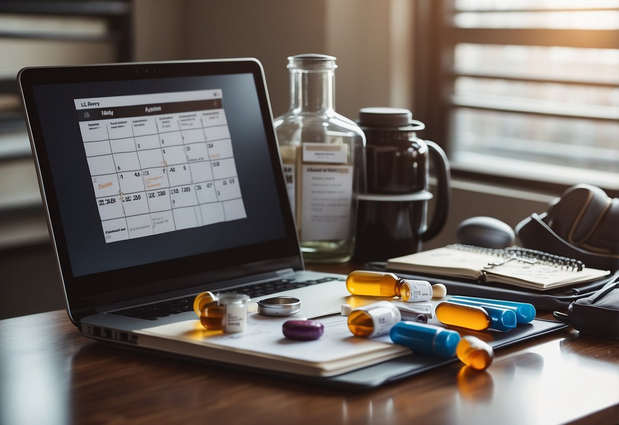 A cluttered desk with open books, medical journals, and a laptop. Pill bottles and supplements scattered around. A calendar with dates circled. A gym bag in the corner