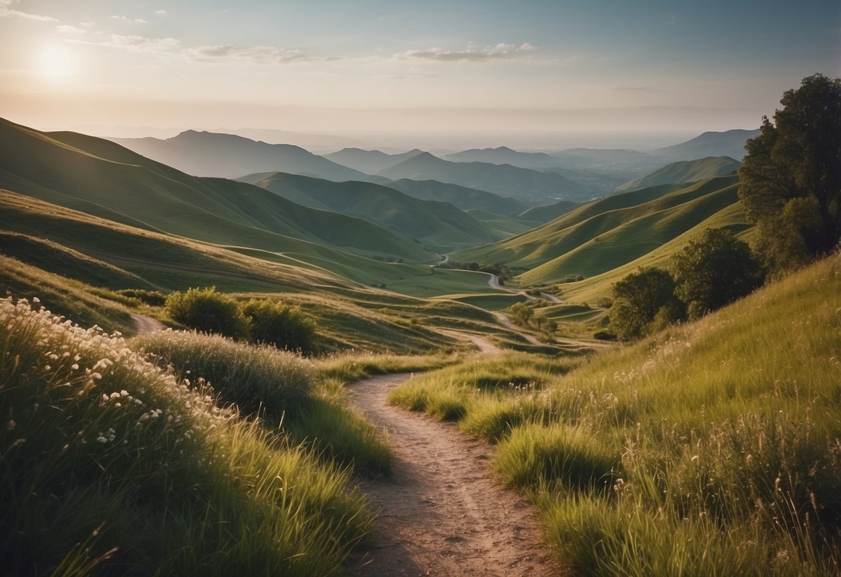 A serene landscape with a winding path leading towards a distant horizon, symbolizing the journey of recovery and sobriety maintenance. A calm and peaceful atmosphere with elements of nature and tranquility