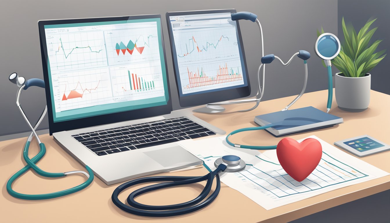 A stethoscope and a heart-shaped diagram on a desk, with a computer screen showing heart monitoring graphs