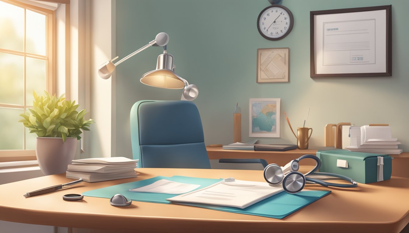 A serene doctor's office with a stethoscope on a desk, heart-shaped decor, and a diploma on the wall