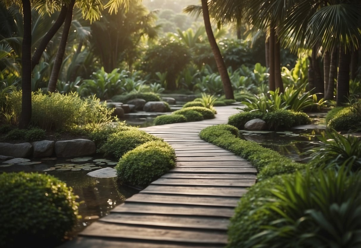 A serene landscape with a winding path leading to a peaceful oasis surrounded by lush greenery and calming water features