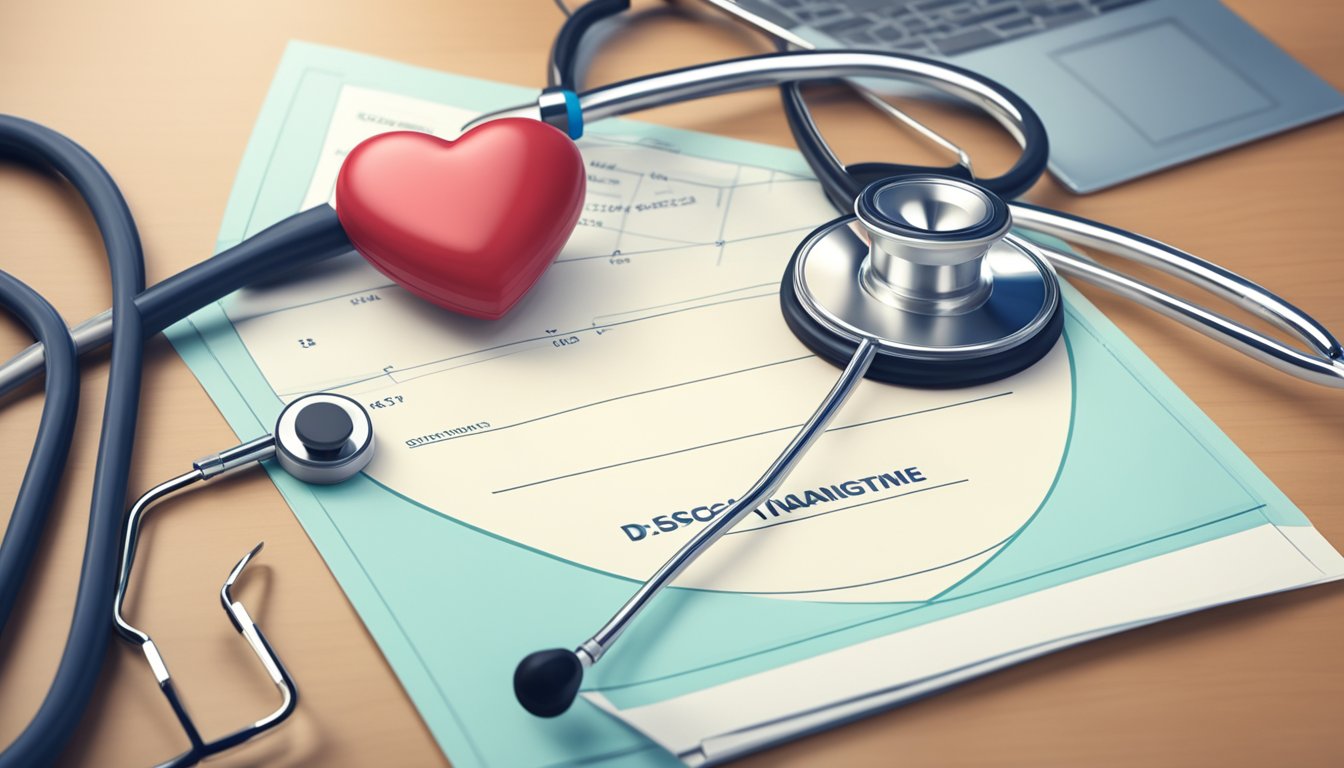 A stethoscope and a heart-shaped diagram on a desk, with a doctor's nameplate in the background