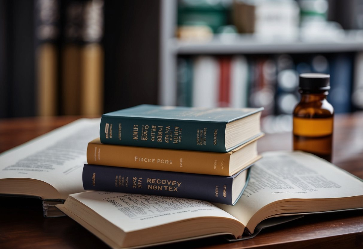 A stack of medical books open to a chapter on post cycle therapy, surrounded by bottles of supplements and a calendar marking recovery milestones