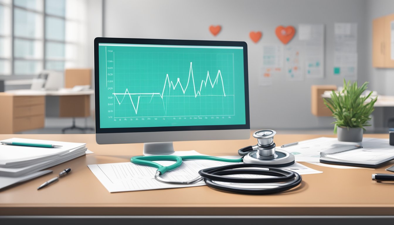 A stethoscope and heart model sit on a desk in a modern medical office, with a diploma and heart diagrams on the wall