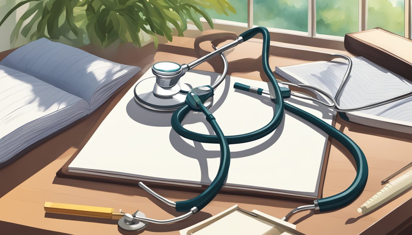 A stethoscope rests on a polished desk, next to a stack of medical journals and a framed diploma. A window reveals a serene view of a lush garden