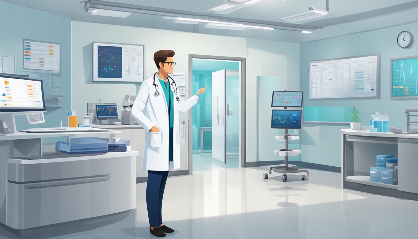 A doctor in a white coat stands in a modern clinic, surrounded by medical equipment and charts. The logo for "The Heart and Vascular Centre" is prominently displayed