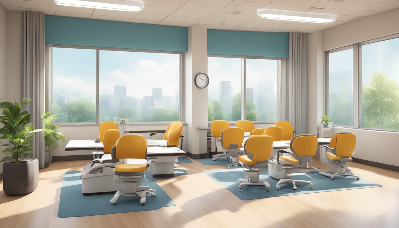 A modern, spacious clinic with state-of-the-art equipment and comfortable seating. A welcoming reception area with friendly staff. Bright, natural light streaming in through large windows