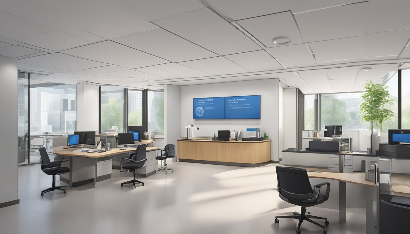 A modern, sleek office with the name "The Heart and Vascular Centre" prominently displayed. A sign with Dr. Paul Chiam's contact information and operating hours is visible