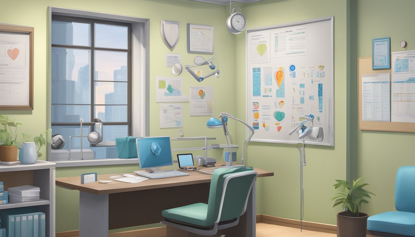 Dr. Lim Choon Pin's clinic, with a stethoscope, heart model, and medical charts on the desk. A framed medical degree hangs on the wall
