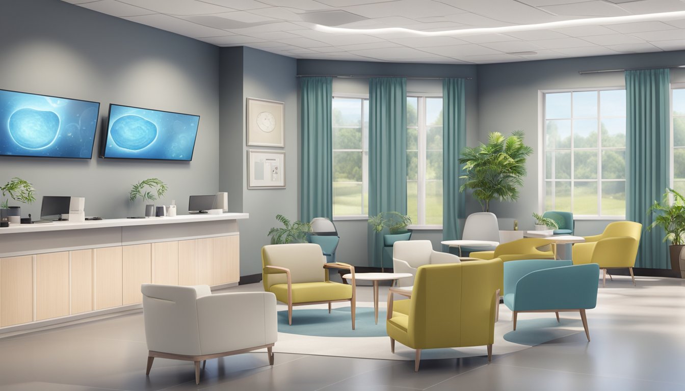 A modern, state-of-the-art cardiology clinic with professional staff and advanced equipment. Bright, welcoming atmosphere with comfortable seating and calming decor