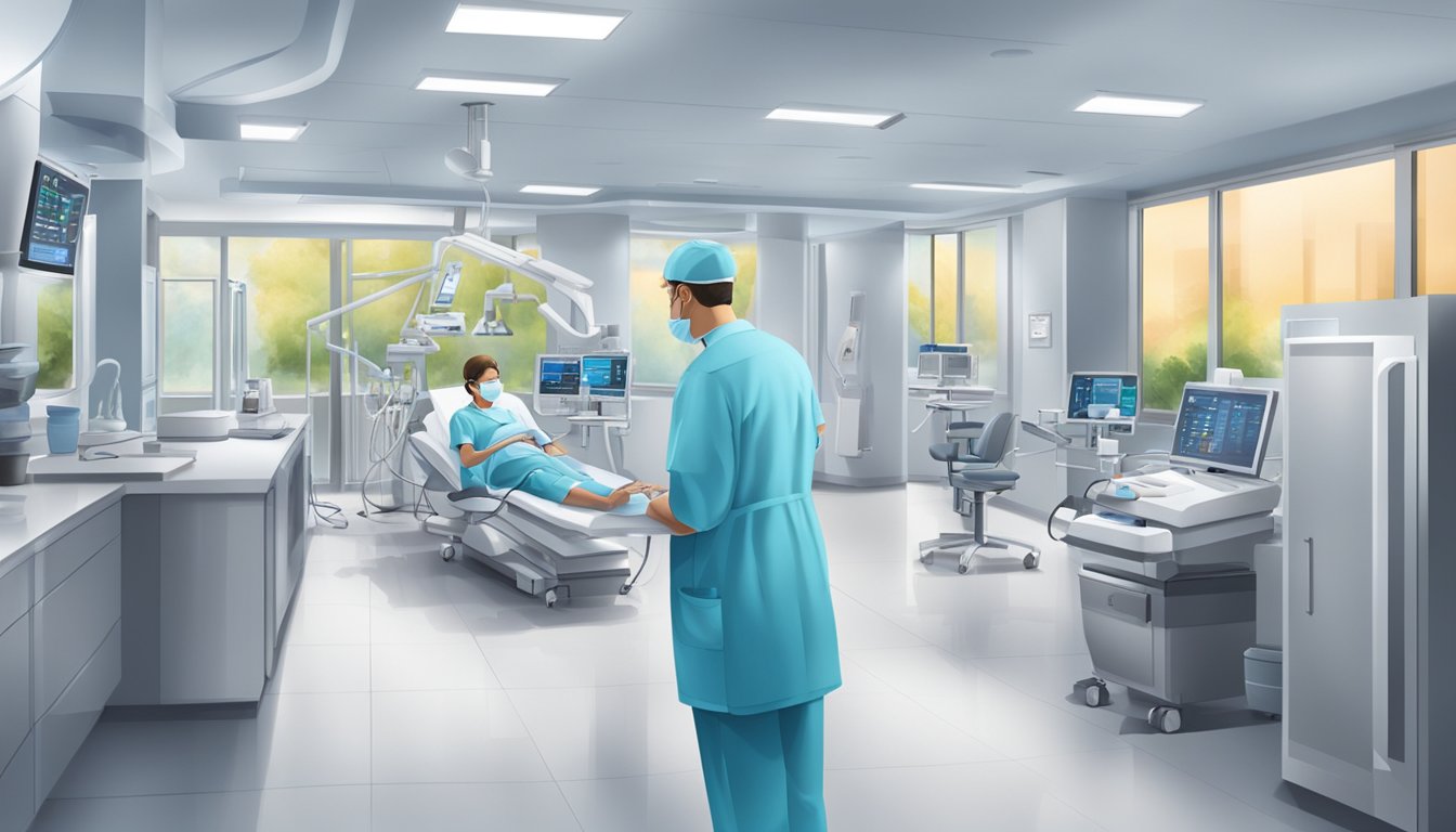 A modern, bustling cardiac center with state-of-the-art equipment and a professional, efficient atmosphere