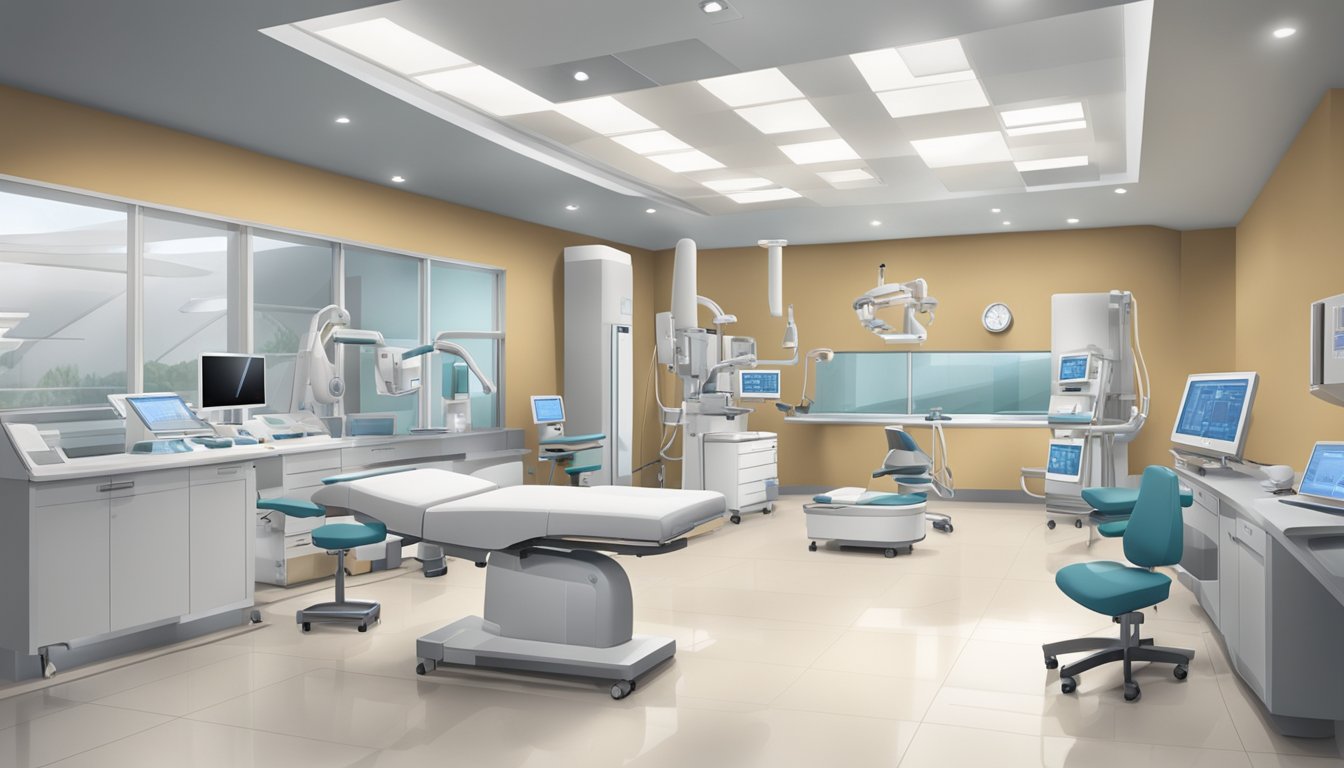 A modern, sleek cardiac center with state-of-the-art equipment and technology. Clean, spacious, and professional atmosphere