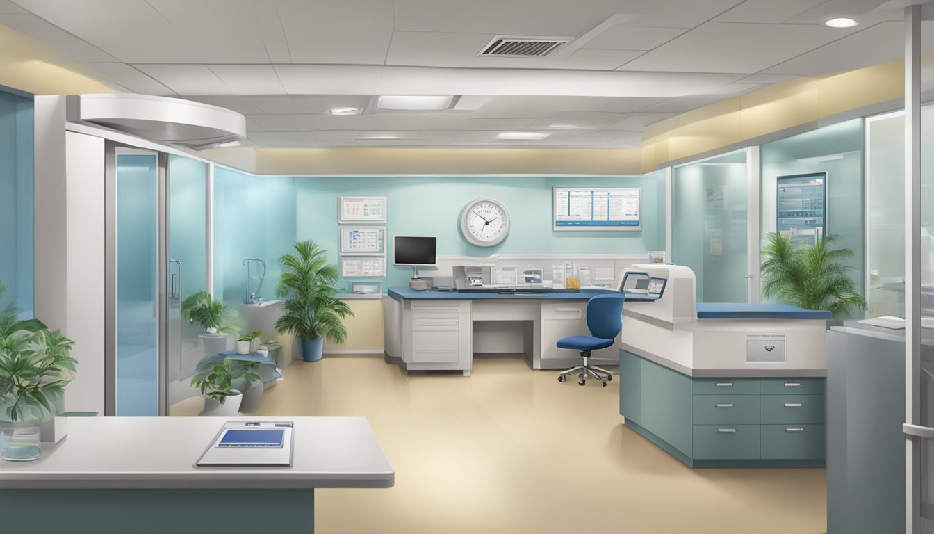 A modern medical office with a sign "The Heart and Vascular Centre" and operating hours displayed. Contact information for Dr. Lim Choon Pin, SG Cardiologist, is also visible