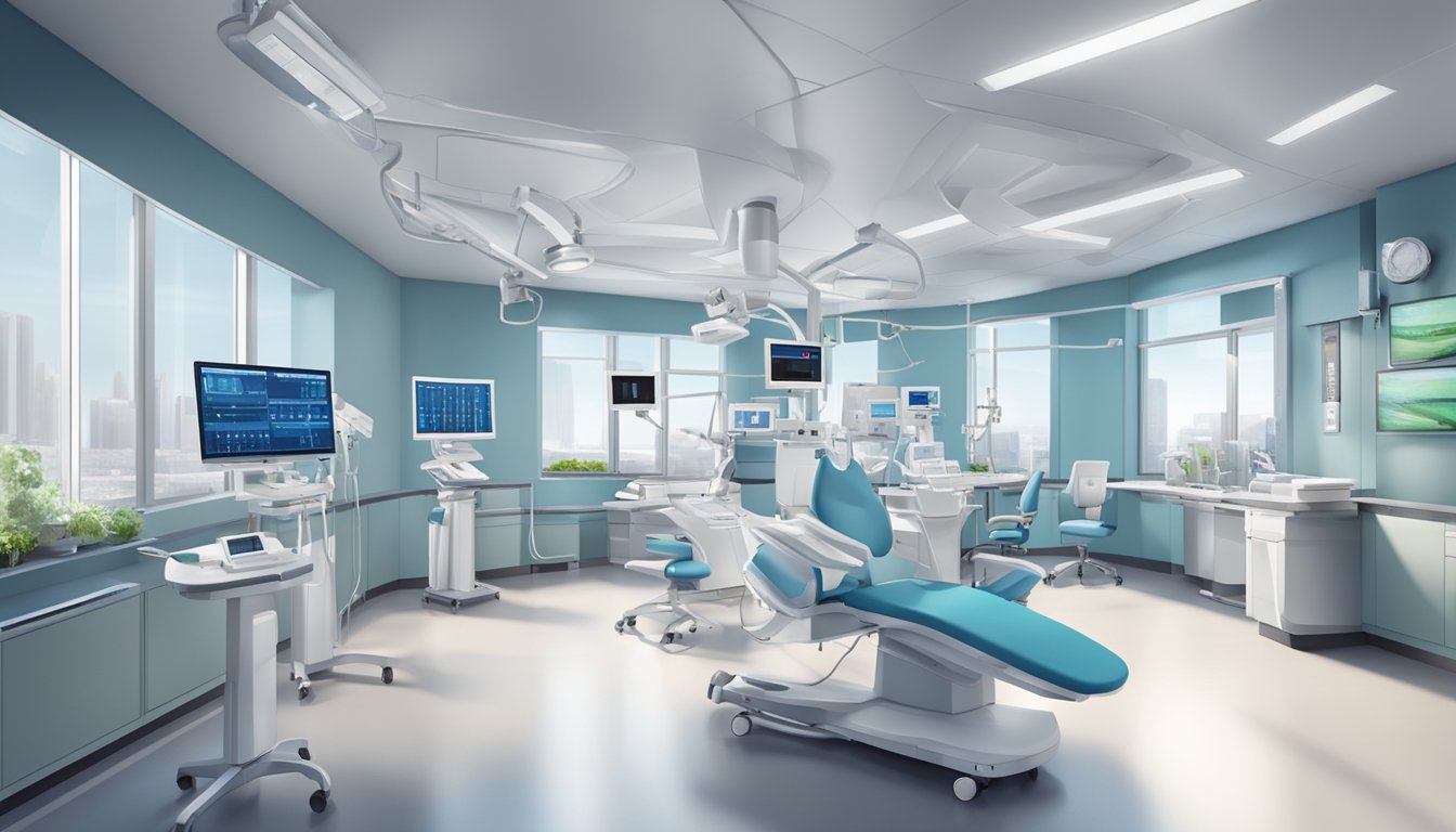 A modern, state-of-the-art cardiac center with advanced medical equipment and technology, including diagnostic machines and treatment facilities