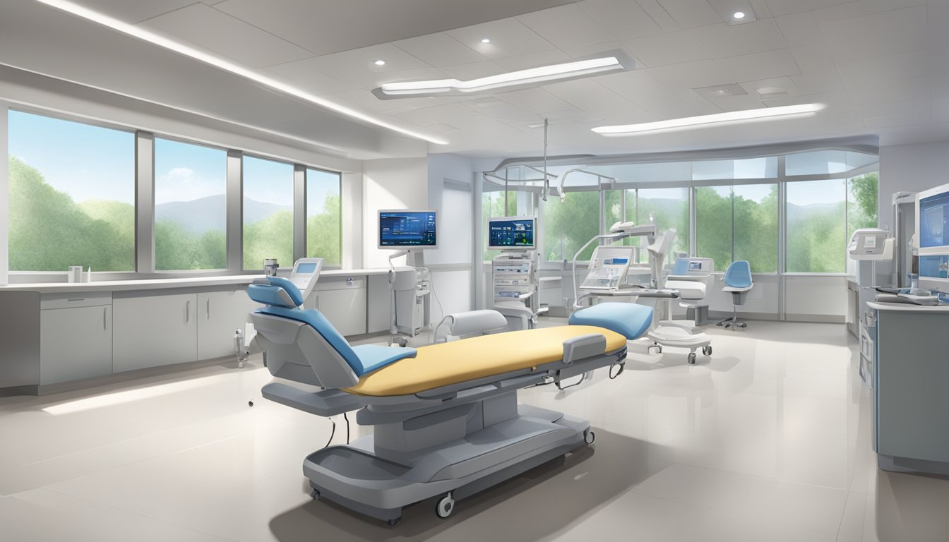 A modern, state-of-the-art cardiac center with advanced medical equipment and a serene, calming atmosphere