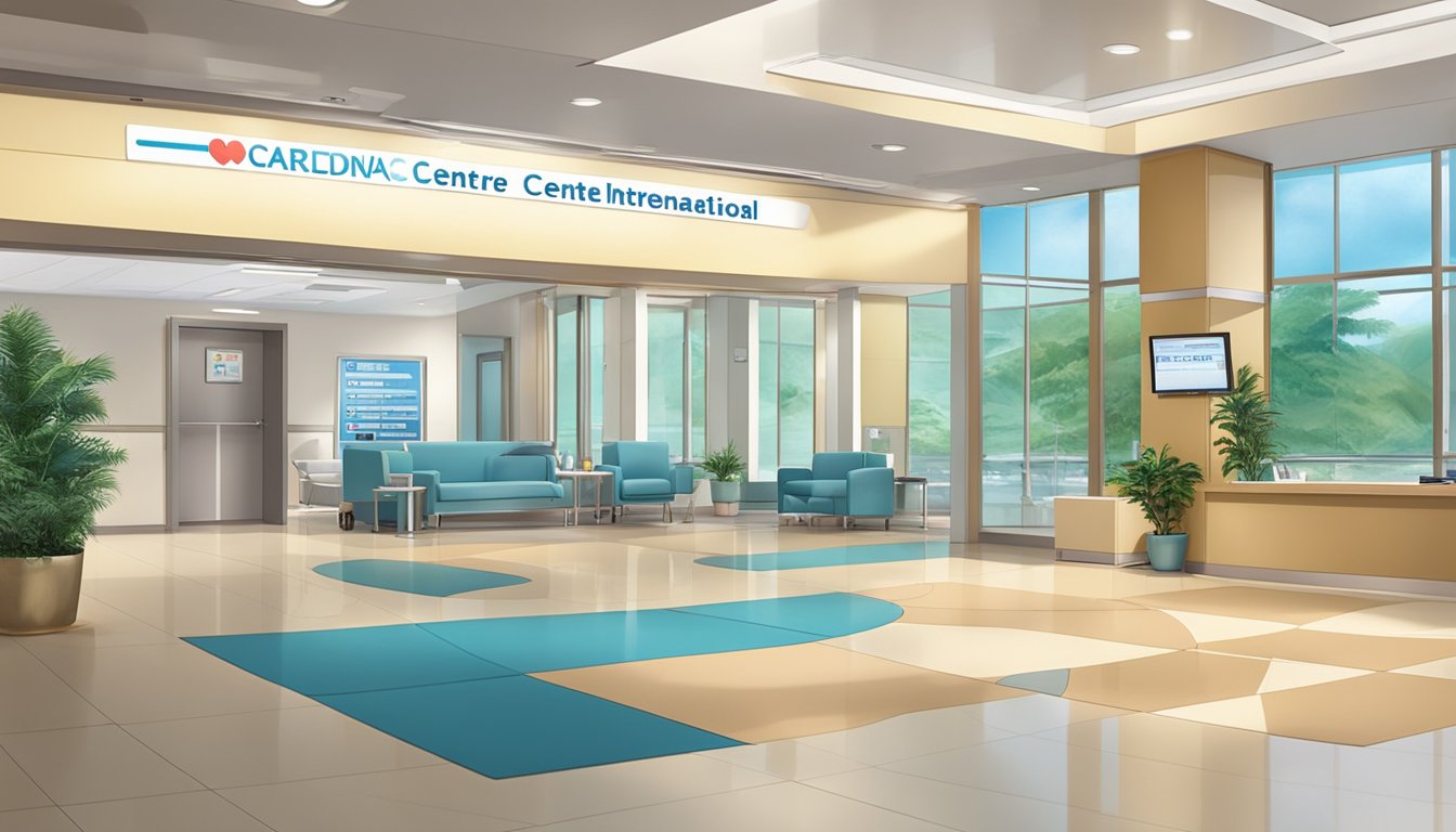 A modern hospital lobby with a prominent sign reading "Cardiac Centre International" and "Dr Lee Chee Wan - Cardiologist". The scene is bright and welcoming, with visible operating hours displayed