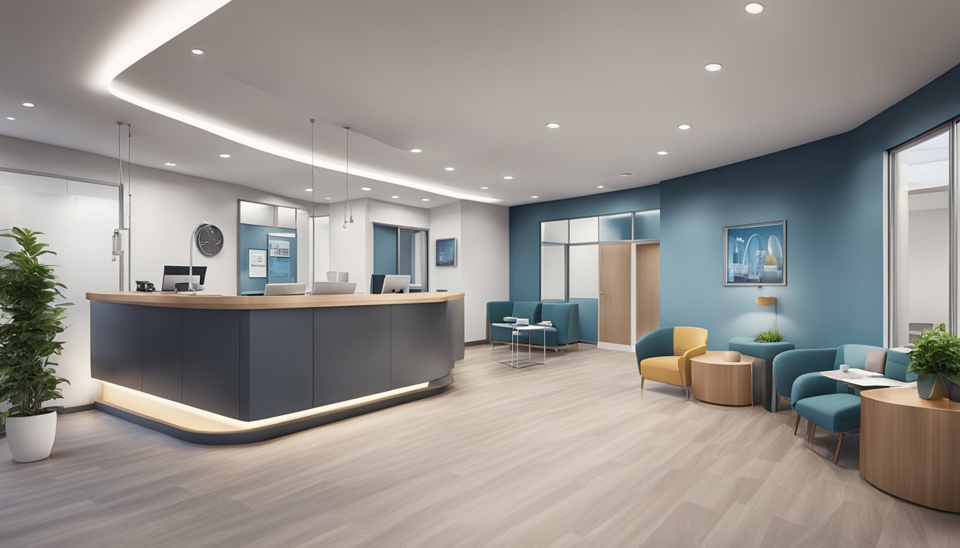 A modern, sleek cardiology clinic with AHVC branding, equipment, and a welcoming reception area