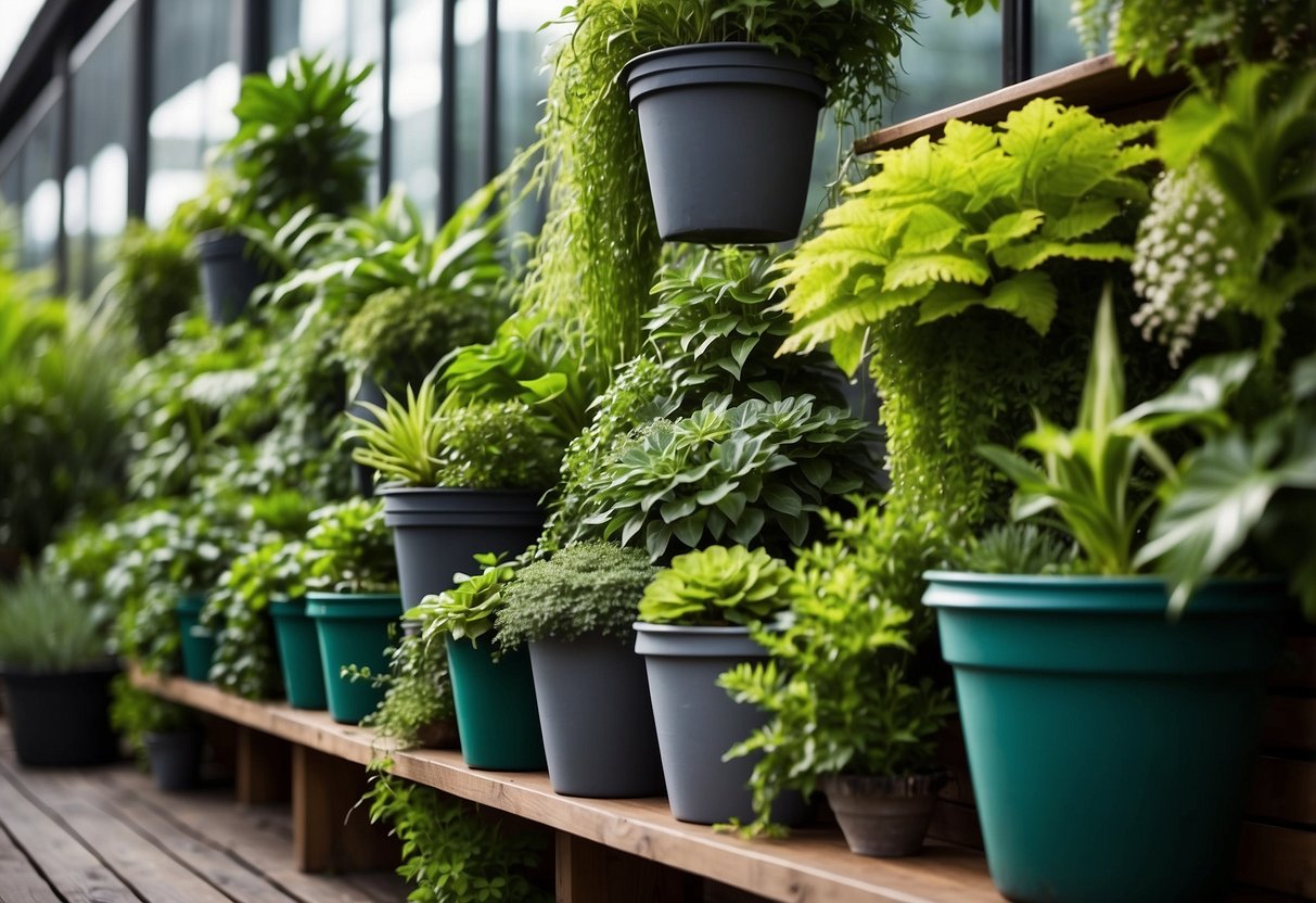 Lush green plants cascade down from a variety of containers, creating a vibrant and colorful vertical garden. Different textures and shades of green create a visually stunning display