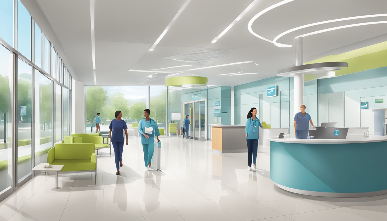 A modern, sleek hospital lobby with AHVC signage. Patients and staff move through the space, conveying a sense of professionalism and care