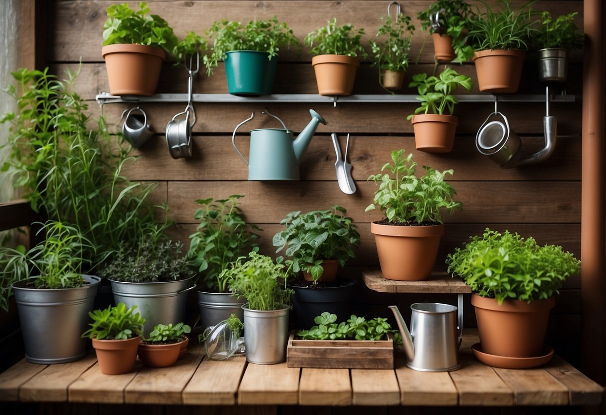 A table with gardening tools, pots, and soil. A vertical garden structure with hanging plants. Various plants and herbs in pots. A watering can and gardening gloves. A notebook with vertical garden ideas