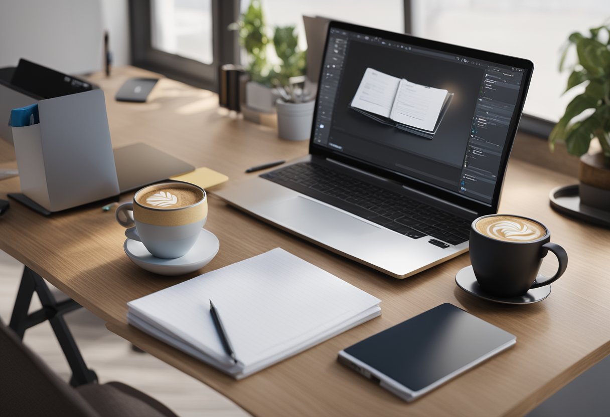 A desk with a computer screen displaying Trello, Asana, Monday.com, and ProofHub. A cup of coffee, notepad, and pen nearby