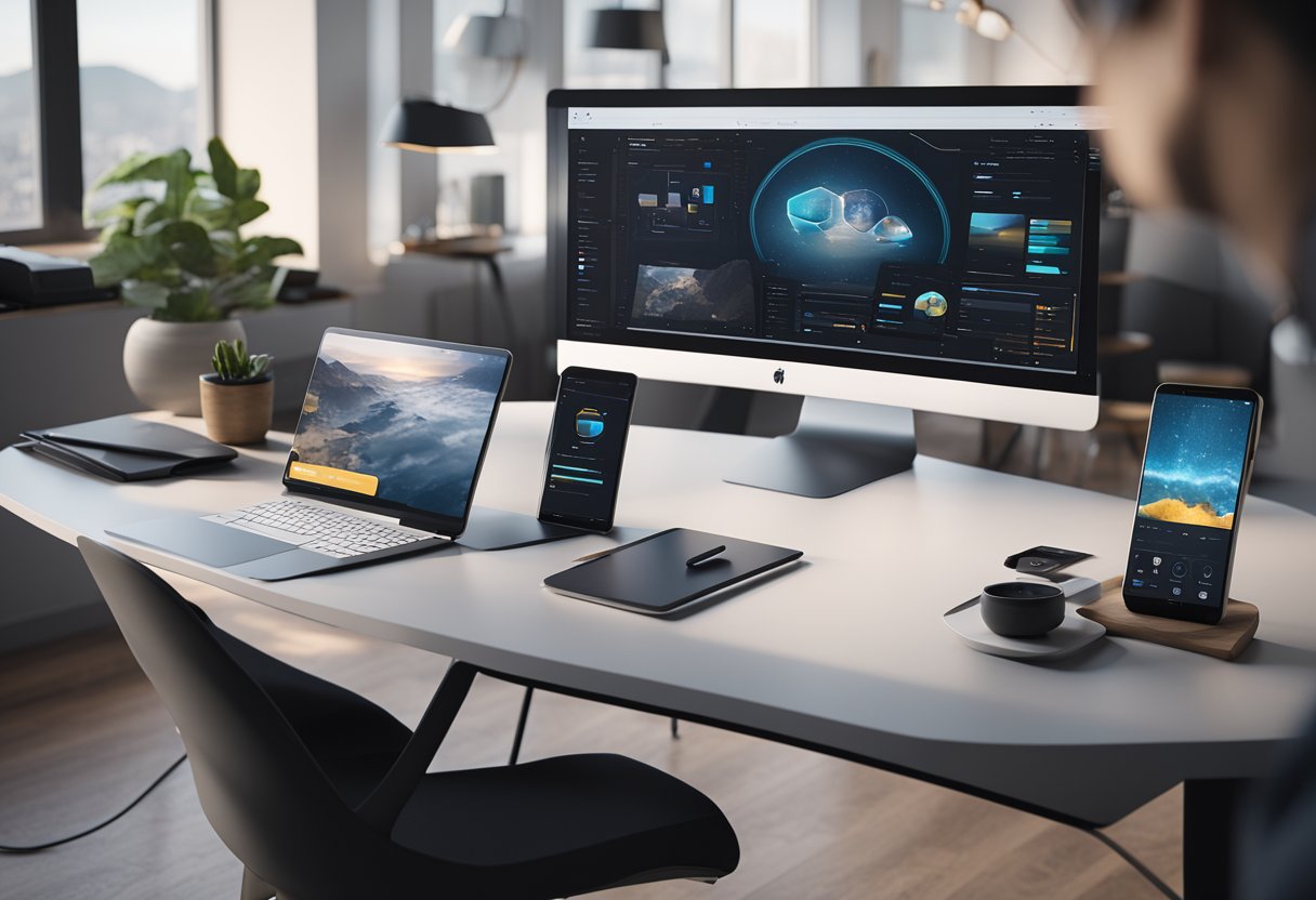 A desk with a computer, tablet, and smartphone, surrounded by AI-driven collaboration tools. A virtual team meeting in progress on the computer screen