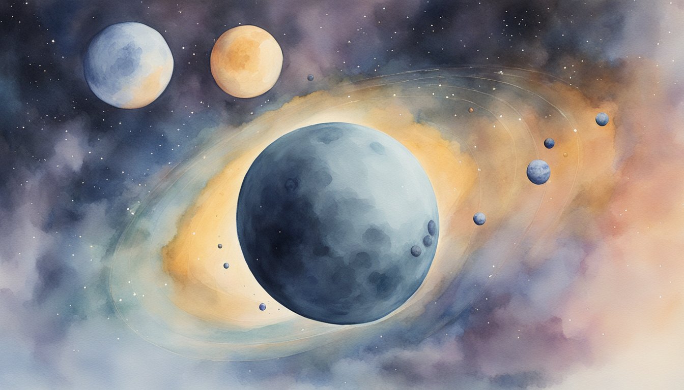 Six moons orbit a distant exoplanet, each varying in size and distance from the planet.</p><p>The exoplanet looms large in the background, while the moons create a mesmerizing celestial dance in the sky