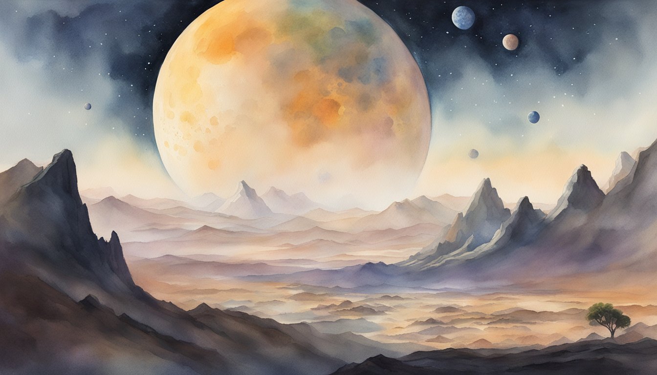 Six moons orbit a distant exoplanet, casting a soft glow on the alien landscape.</p><p>Craters and jagged mountains dot the surface, while a hazy atmosphere creates an otherworldly ambiance