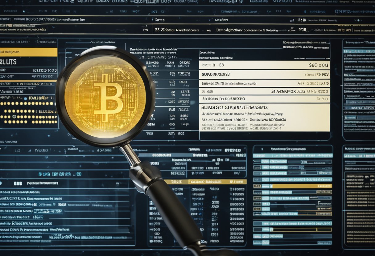 A computer screen displaying various blockchain transactions and data, with a magnifying glass hovering over the screen