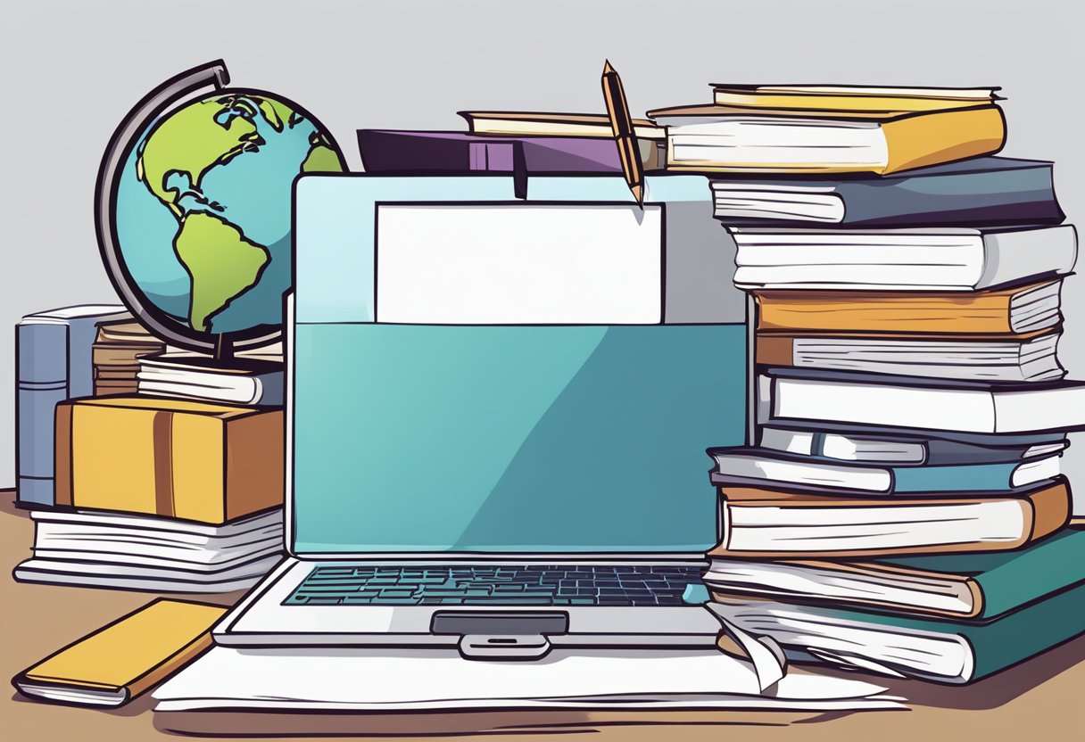 A stack of college application forms surrounded by books, a laptop, and a globe. A pen hovers over the forms, ready to fill them out