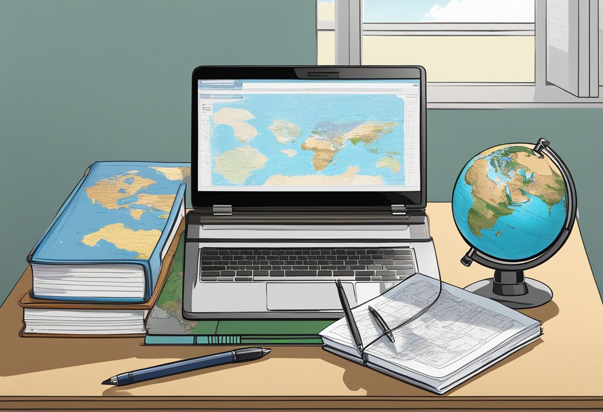 A stack of books and a laptop on a desk, with a globe and a map of the USA in the background. A pen and notebook with a list of scholarship requirements