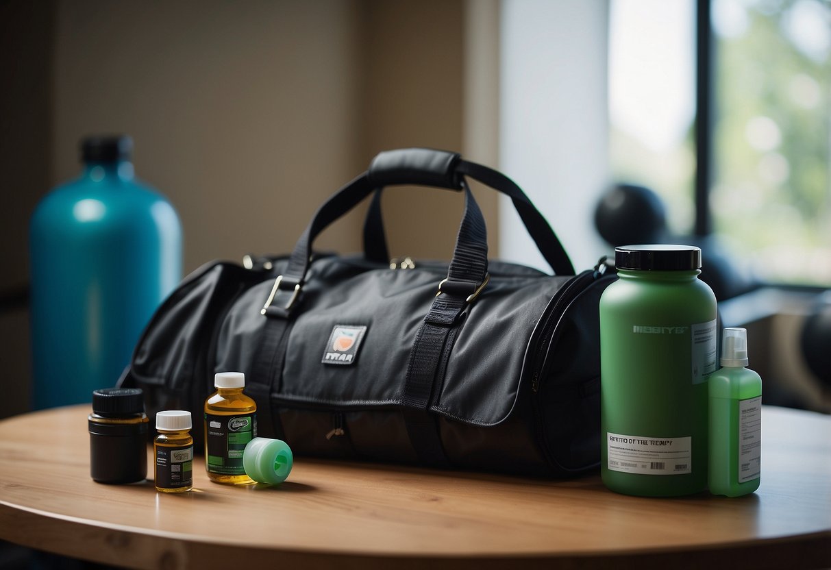 A bottle of post cycle therapy medication sits next to a gym bag and a weightlifting belt, symbolizing the importance of post cycle therapy for bodybuilders