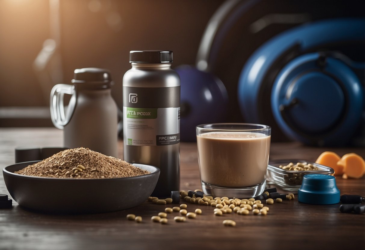 A bottle of PCT supplements surrounded by gym equipment and a recovery shake, symbolizing the importance of post cycle therapy for fitness enthusiasts