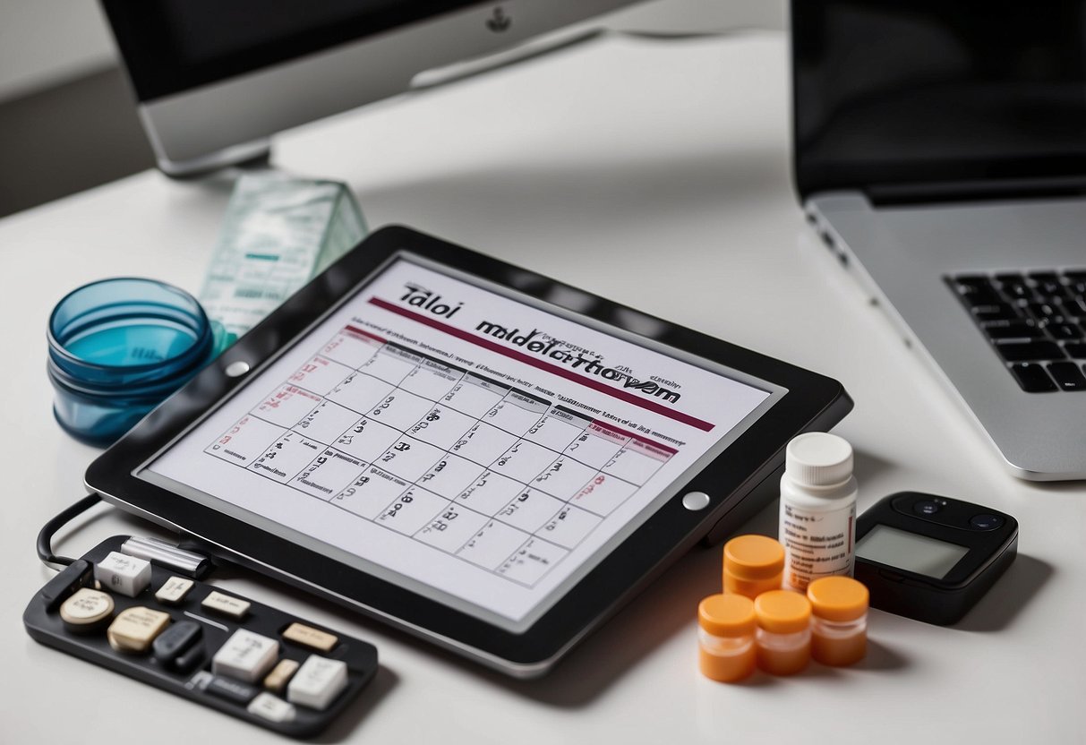 A table with various supplements and medications, alongside a calendar marking the duration of a post cycle therapy regimen. Bloodwork results and a list of potential side effects are displayed on a computer screen