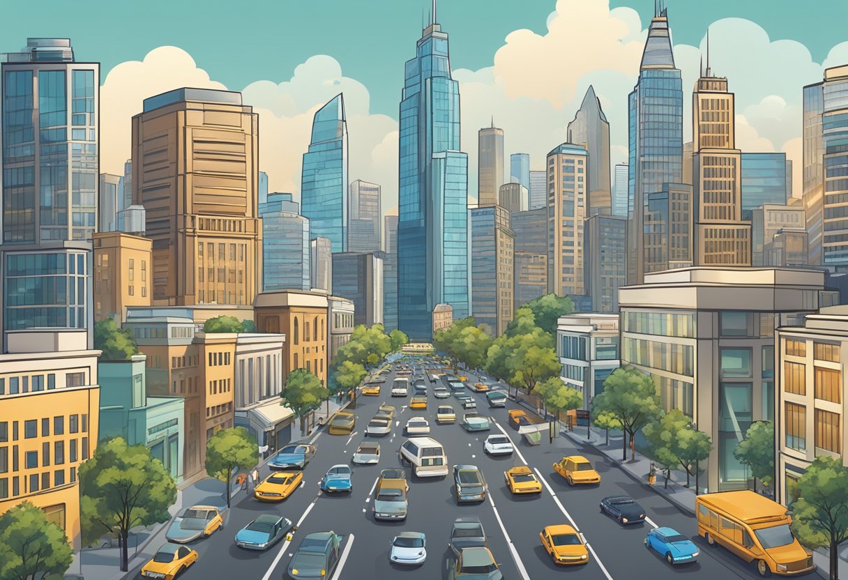 A bustling city skyline with skyscrapers and luxury cars, surrounded by affluent neighborhoods and high-end shops, symbolizing the economic and social impact of high-paying jobs in the USA