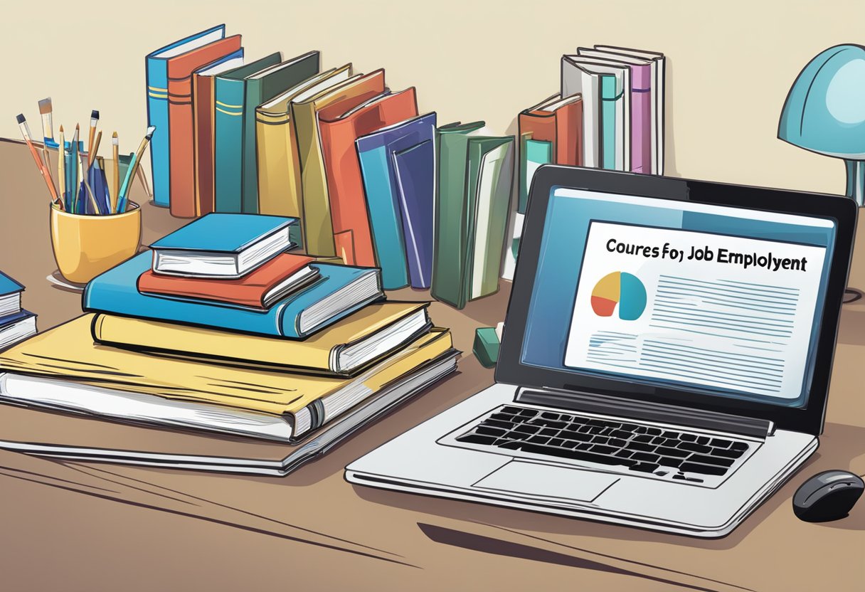 Books and laptops on a desk with a "Courses for Job Employment" sign