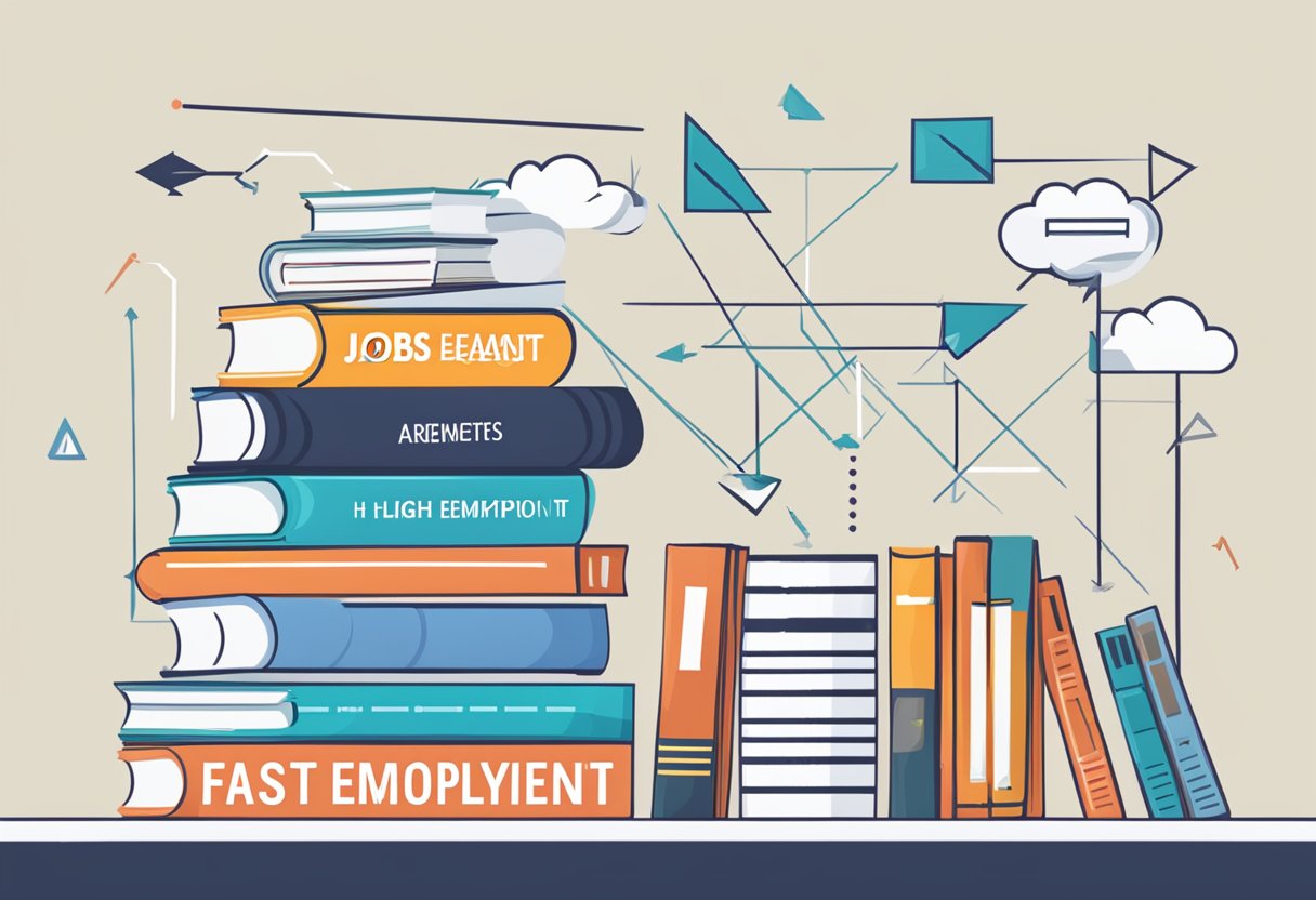 A stack of books labeled "High-Demand Jobs Courses" with arrows pointing to "fast, easy, direct job employment."