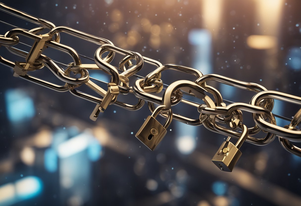 A bridge connecting two blockchains, with data flowing seamlessly between them. Symbolic locks and keys represent secure transactions