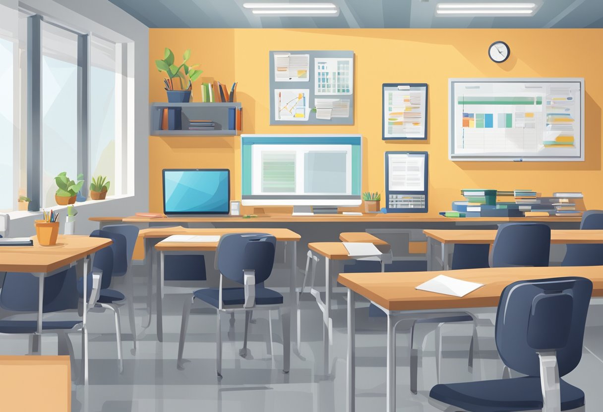 A classroom setting with modern equipment and tools for technical education and training courses. Various study materials and resources are neatly organized on desks, with a prominent focus on practical, hands-on learning