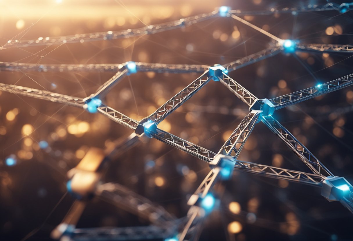 A network of interconnected blockchains with a bridge spanning between them, symbolizing the concept of blockchain bridges