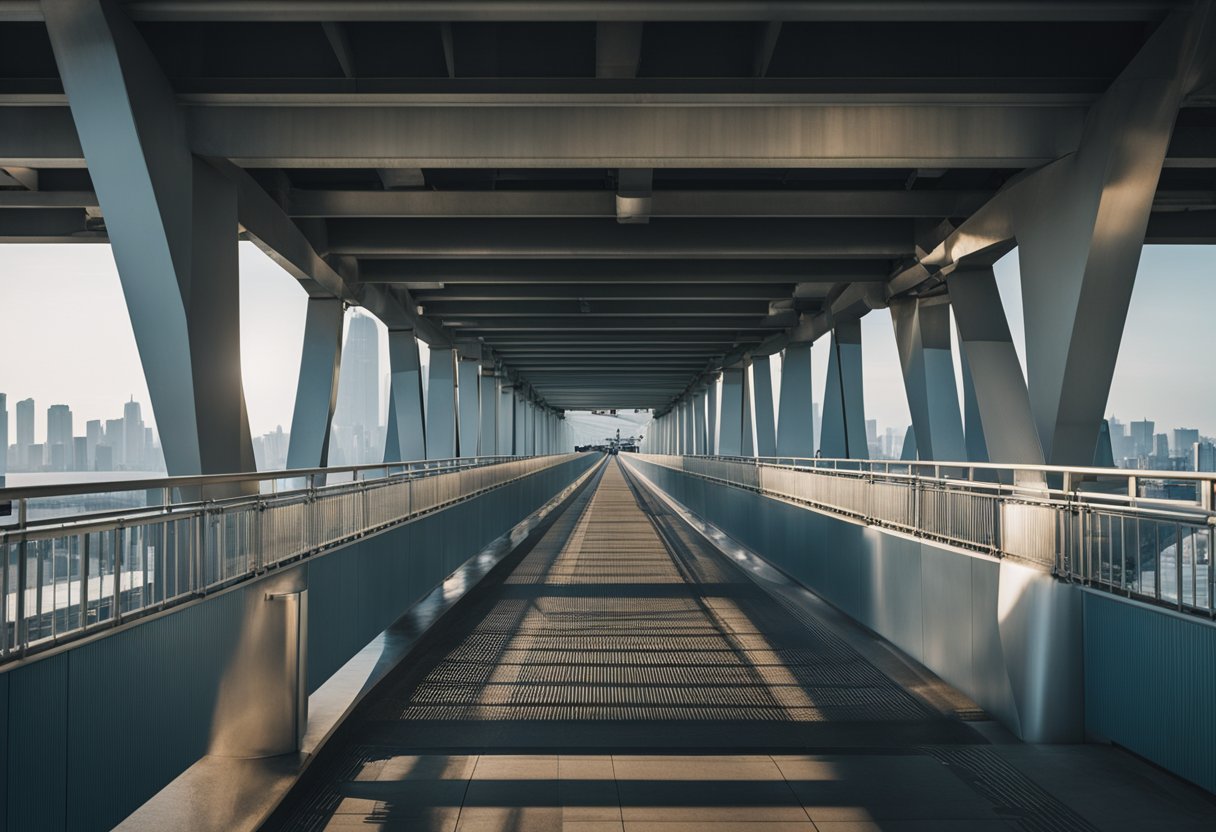 A bridge with security measures in place, such as gates, surveillance cameras, and blockchain technology integration, ensuring safe passage for users