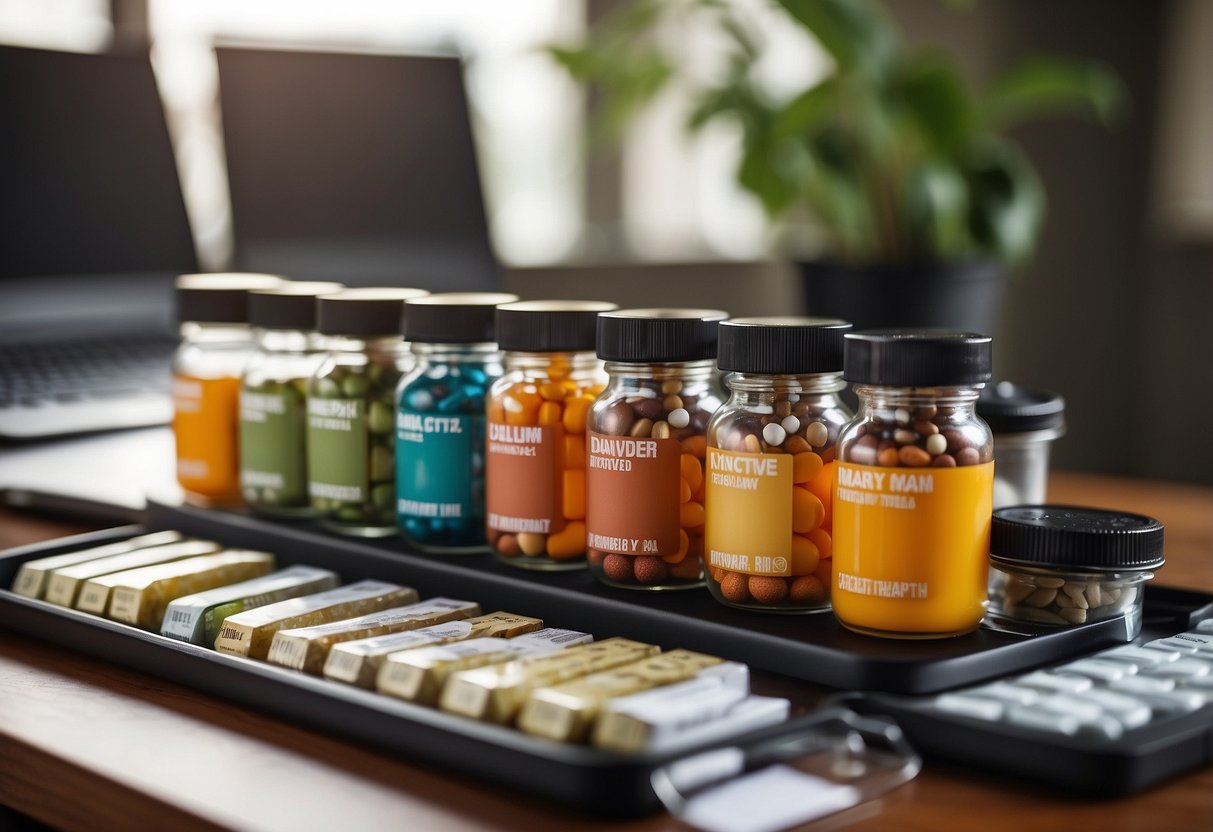 A table with various supplements, vitamins, and medications neatly organized in rows, accompanied by a schedule or protocol chart for post cycle therapy